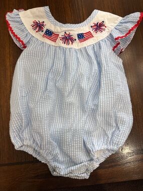 Classic Seersucker Baby One-Piece Romper with Patriotic Trim